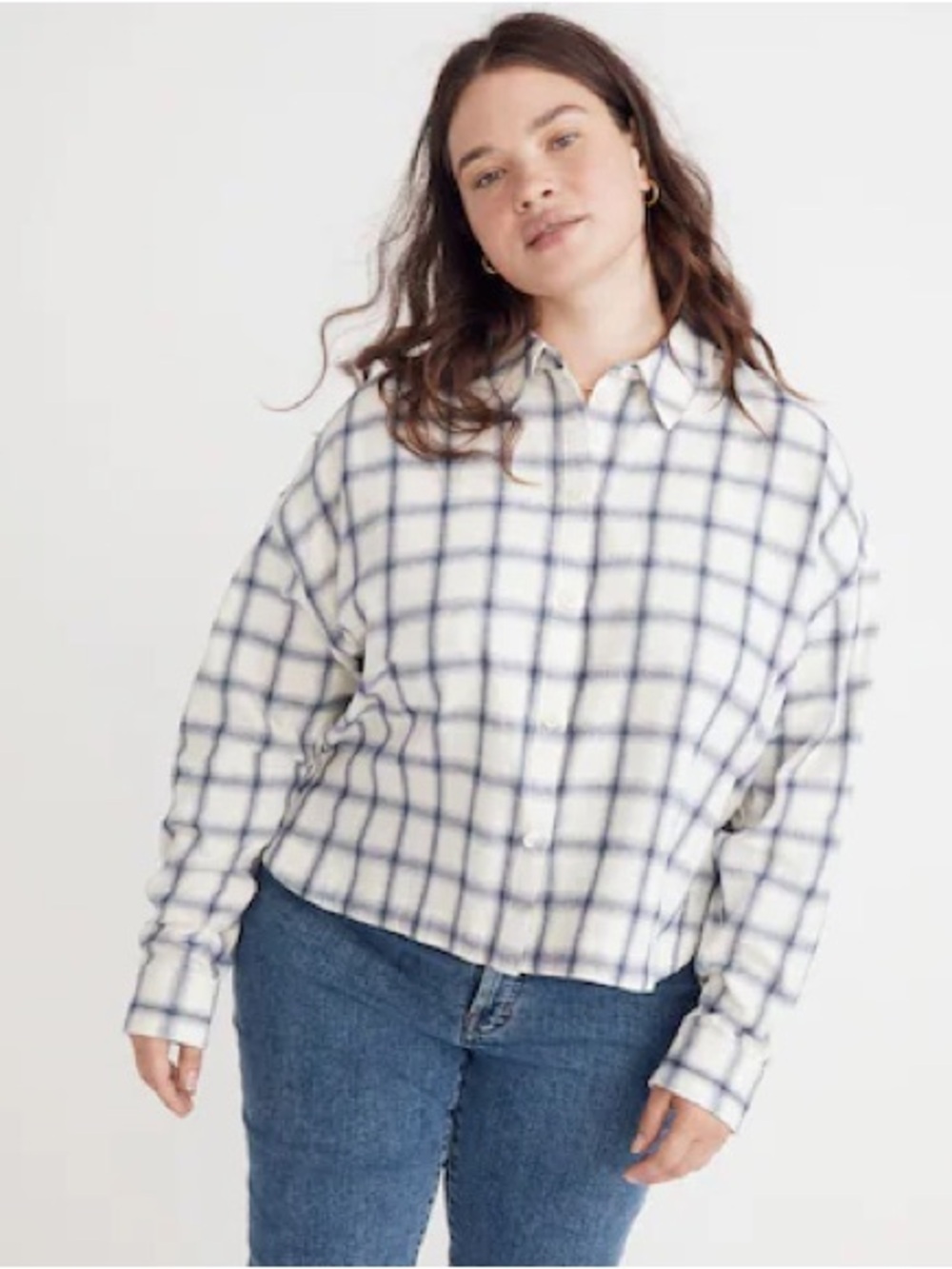 Like New Madewell Plus Flannel Hartfield Crop Shirt-Royal Blue Windowpane Sz 1X